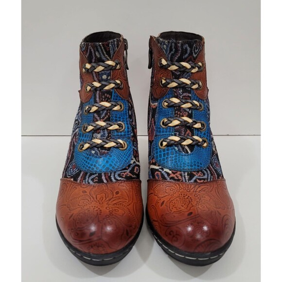 Socofy Genuine Leather Multicolor BohoLaceUp ZipUp Handmade Booties Sz.9(EU-40) - Picture 6 of 8